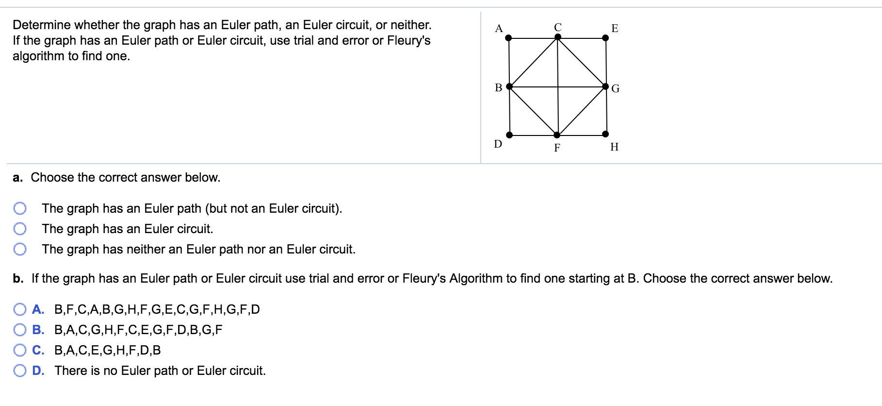 Determine whether the graph has an Eulerpath, an Eulercircuit, or neither.If the