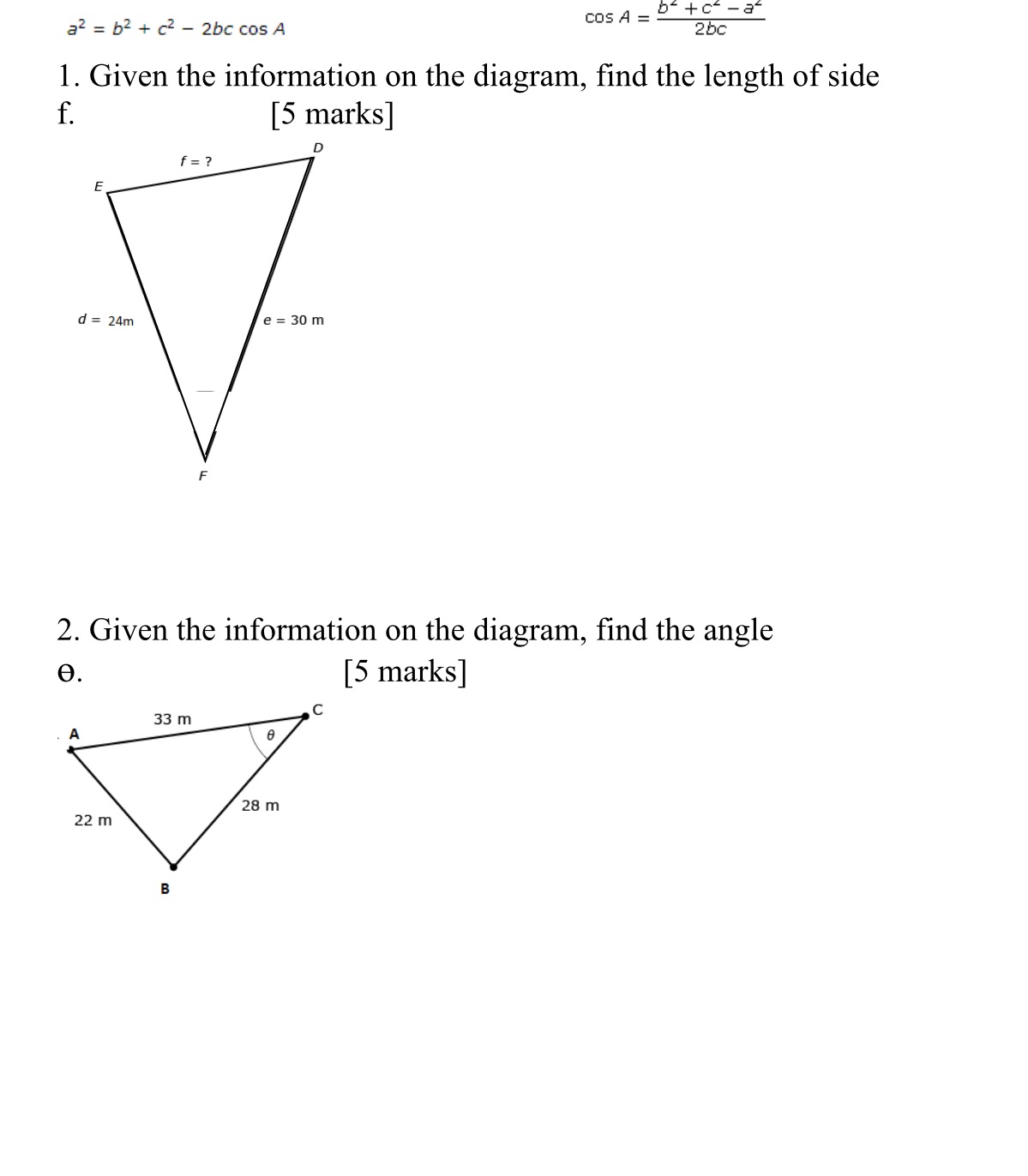  COS A = 5 + C - 2- a2 = b2