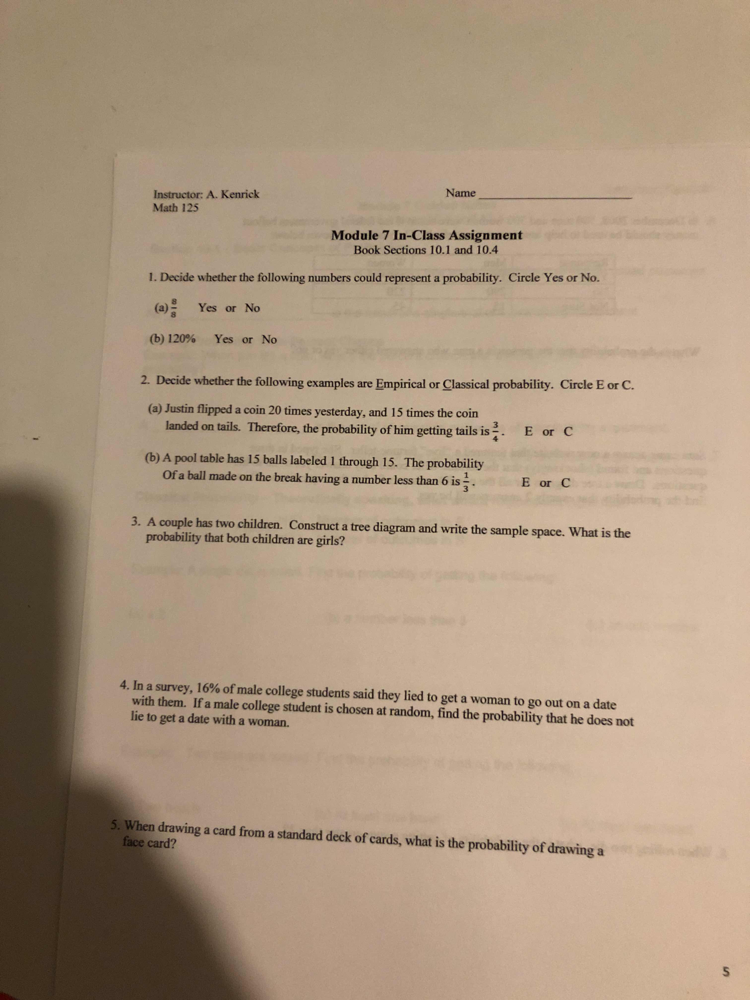 Instructor: A. Kenrick Name Math 125 Module 7 In-Class Assignment Book