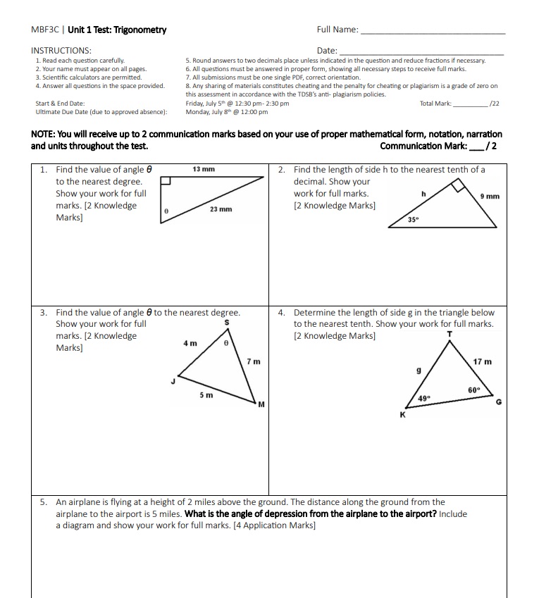MEBEF3C | Unit 1 Test: Trigonometry Full Name: INSTRUCTIONS: Date: 1.