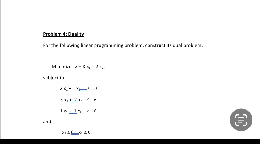  Problem 4: Duality For the following linear programming problem, construct its