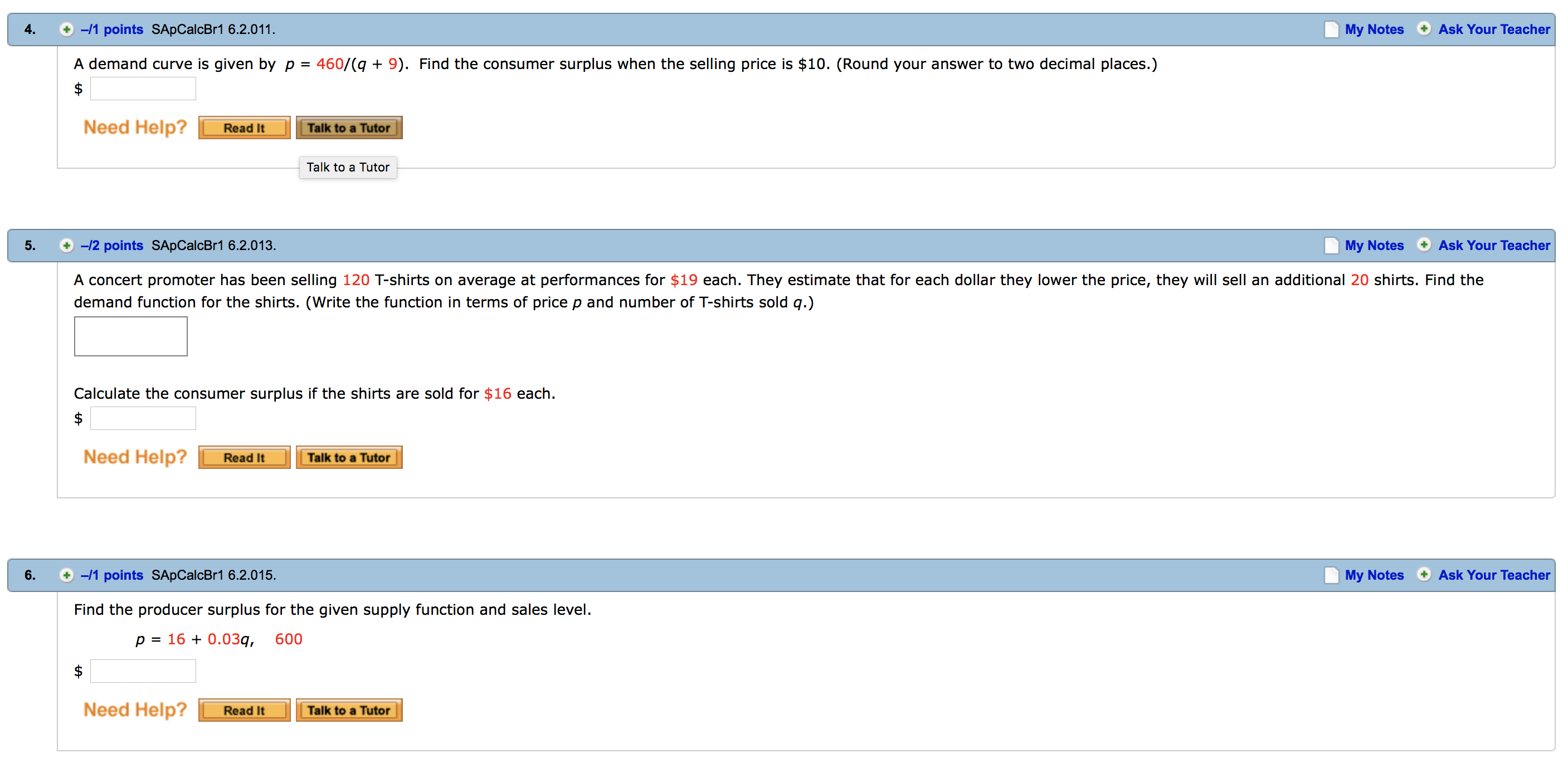 Find the consumer surplus for the given demand function and sales level.