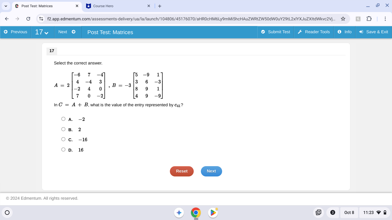 @ Post Test: Matrices X *Course Hero + O X G