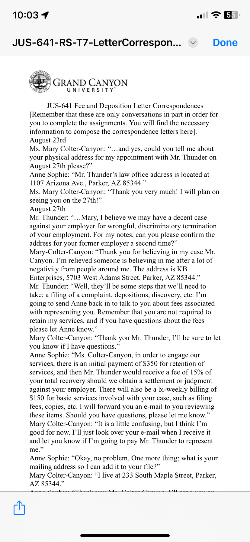 Please help with this assignment! Prepare a fee correspondence letter in the