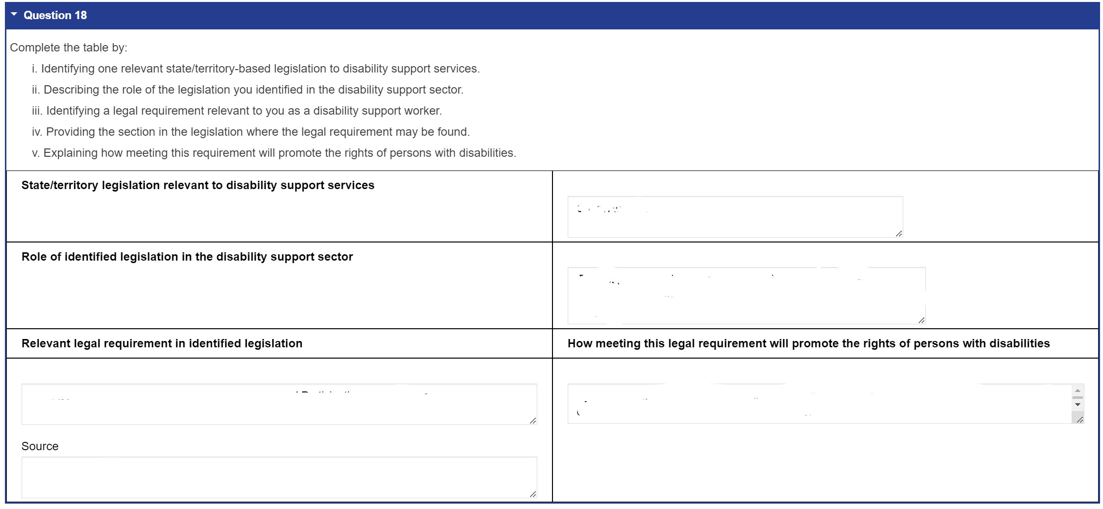  Question 18 Complete the table by: i. Identifying one relevant state/territory-based
