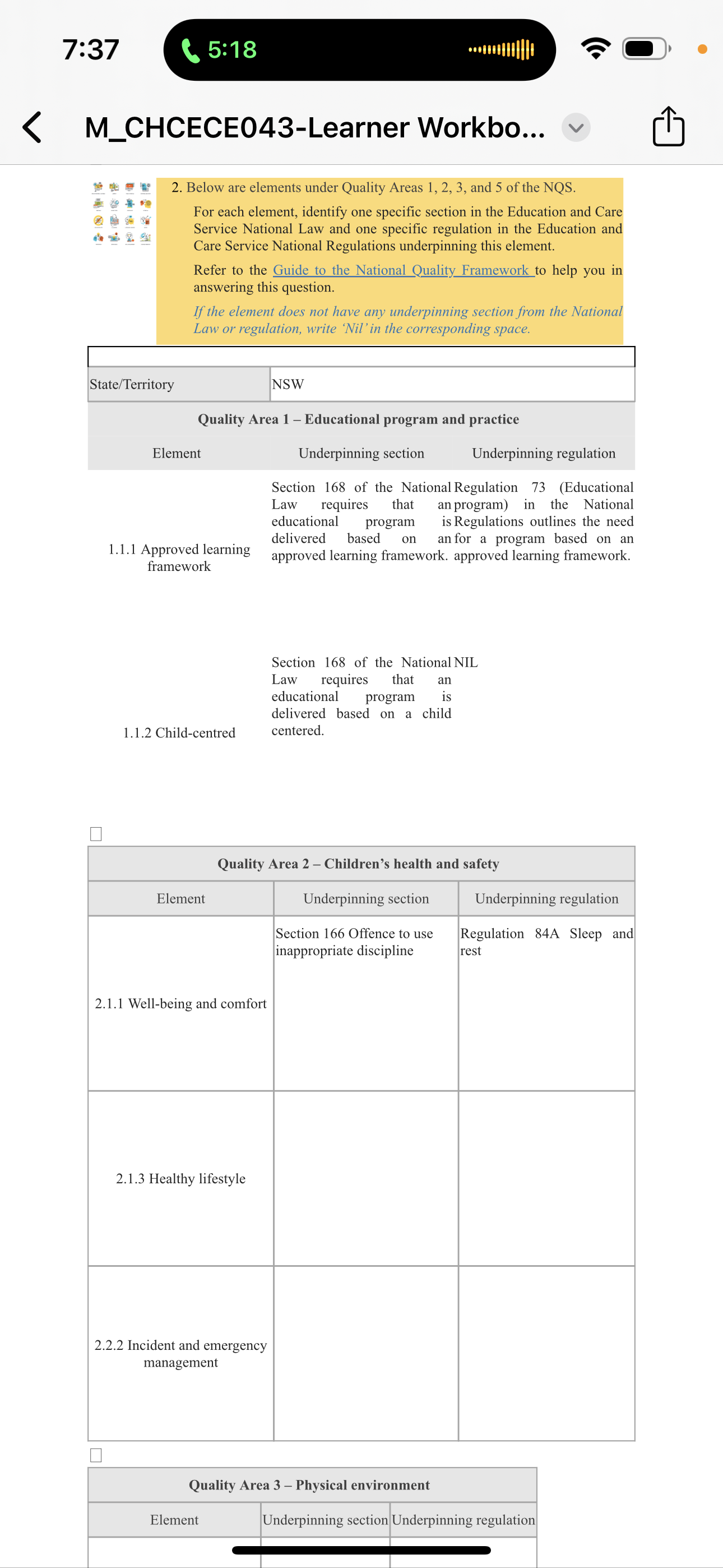Below are elements under Quality Areas 1, 2, 3, and 5 of
