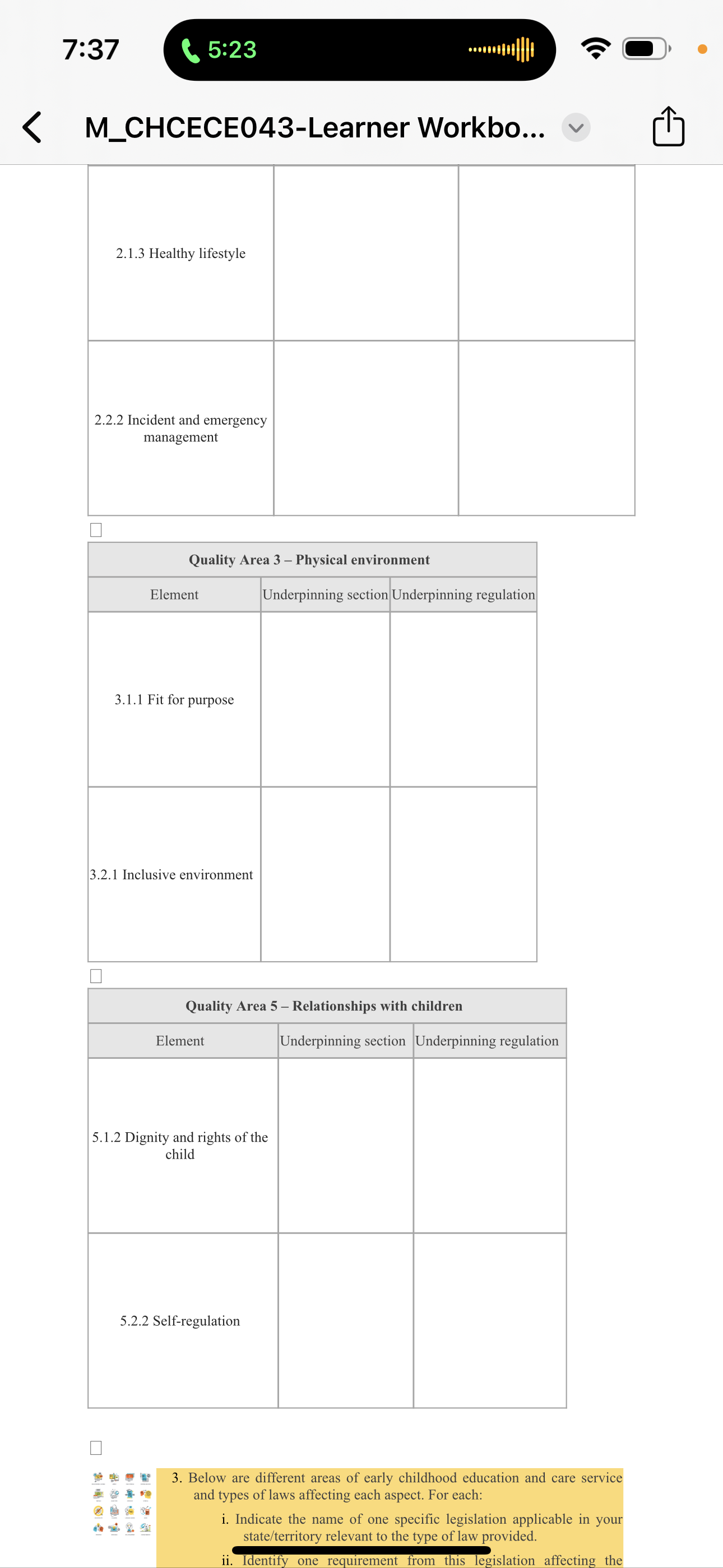 the NQS.For each element, identify one specific section in the Education and