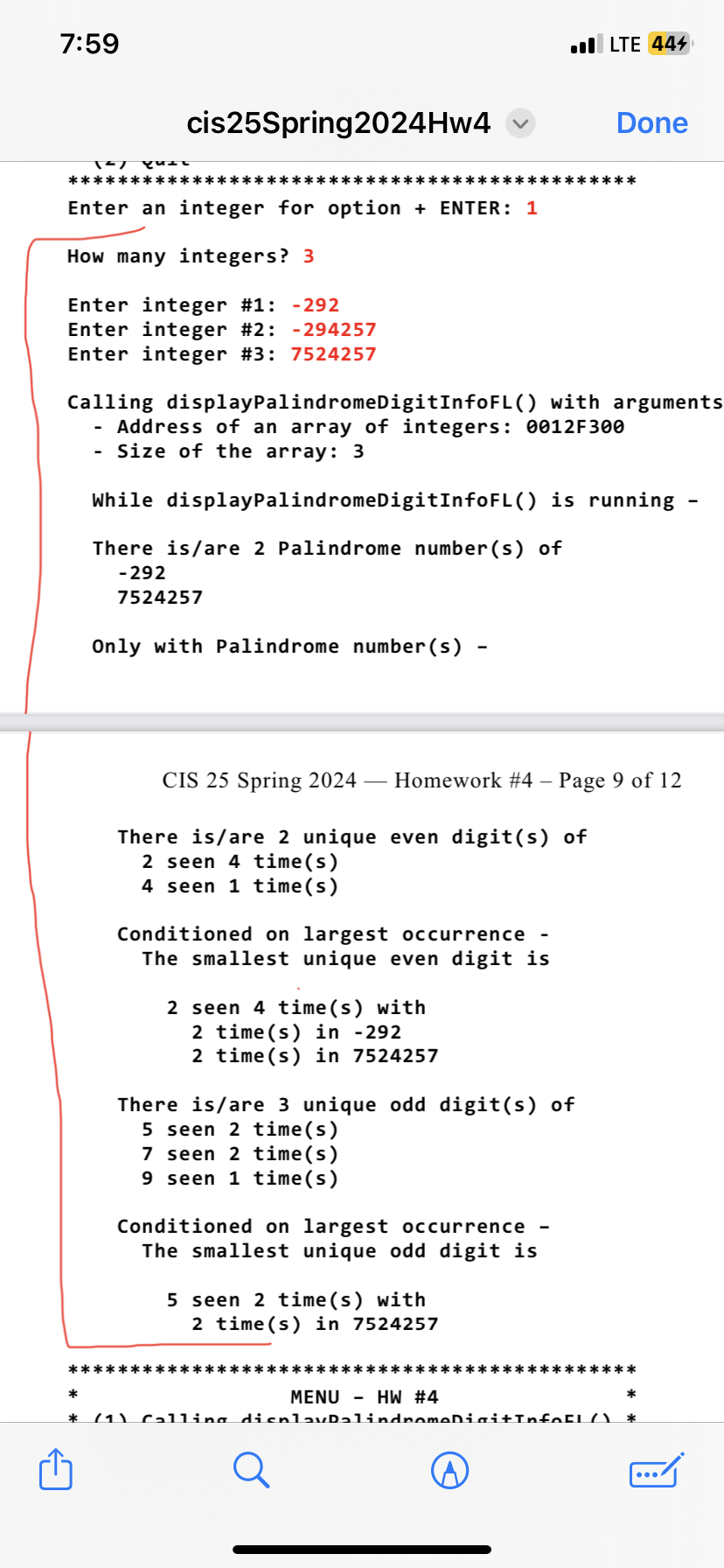 Write a function that accepts pointer array. And determine whether each number