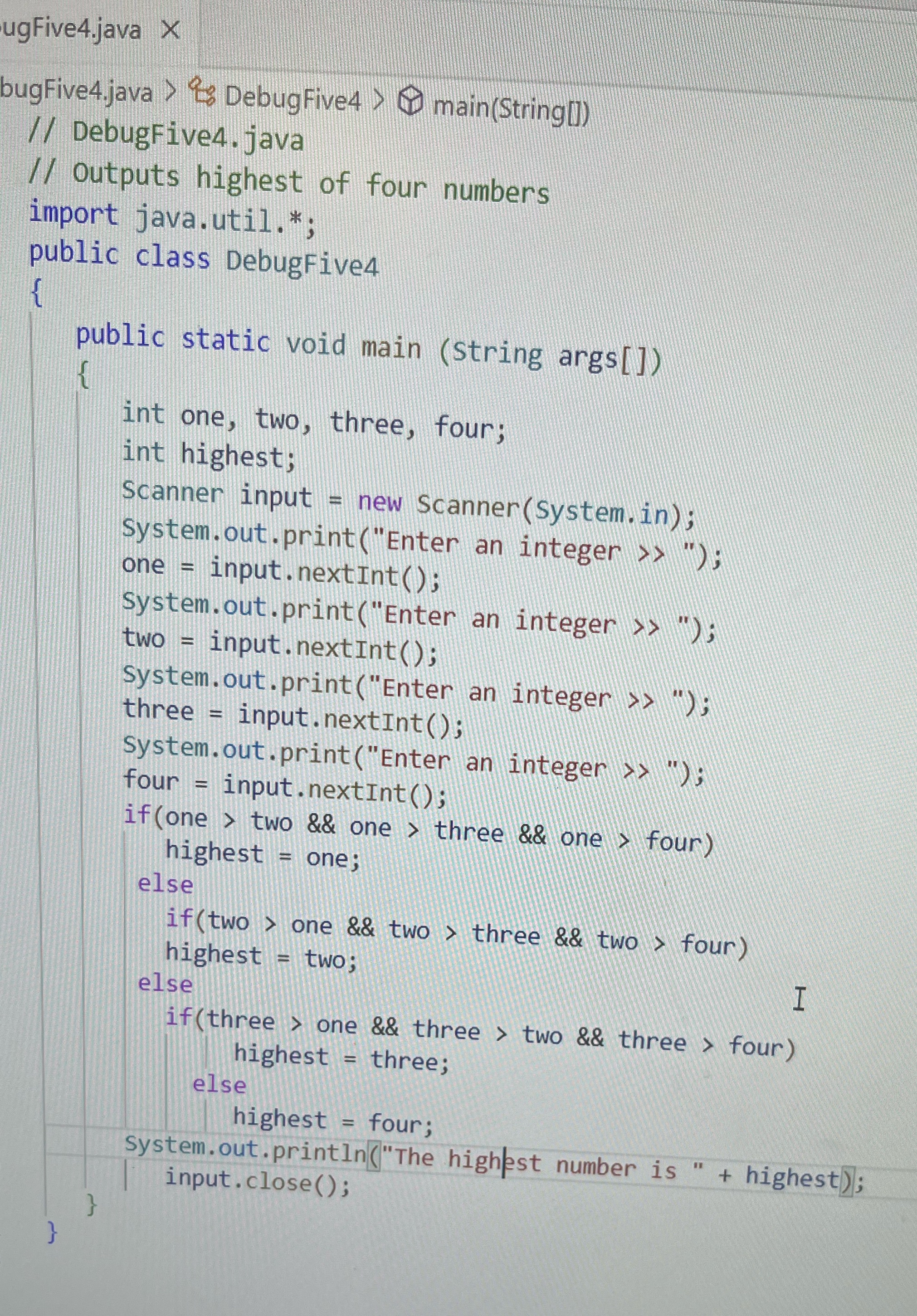  ugFive4.java X bugFive4.java > { DebugFive4 > main(String ) // DebugFive4.