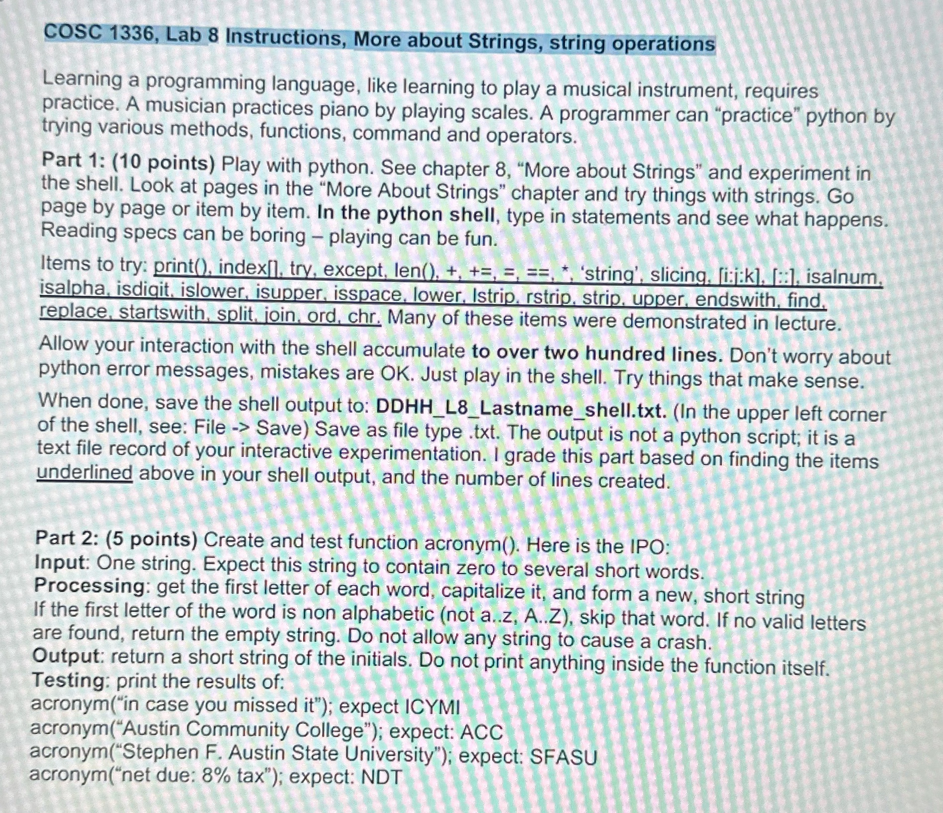  36, Lab 8 Instructions, More about Strings, s ing operations Learning