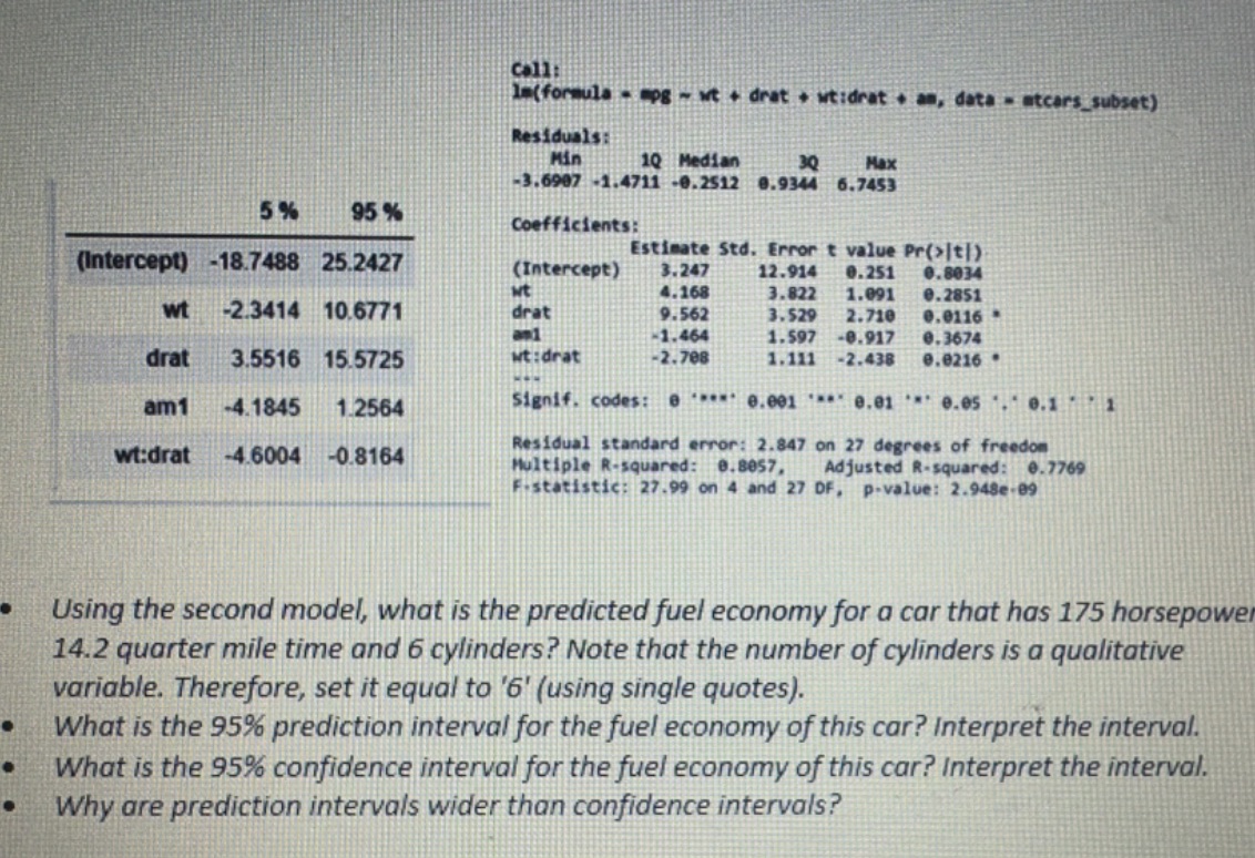 call: Im(formula - mpg - wt + drat + wt:drat .
