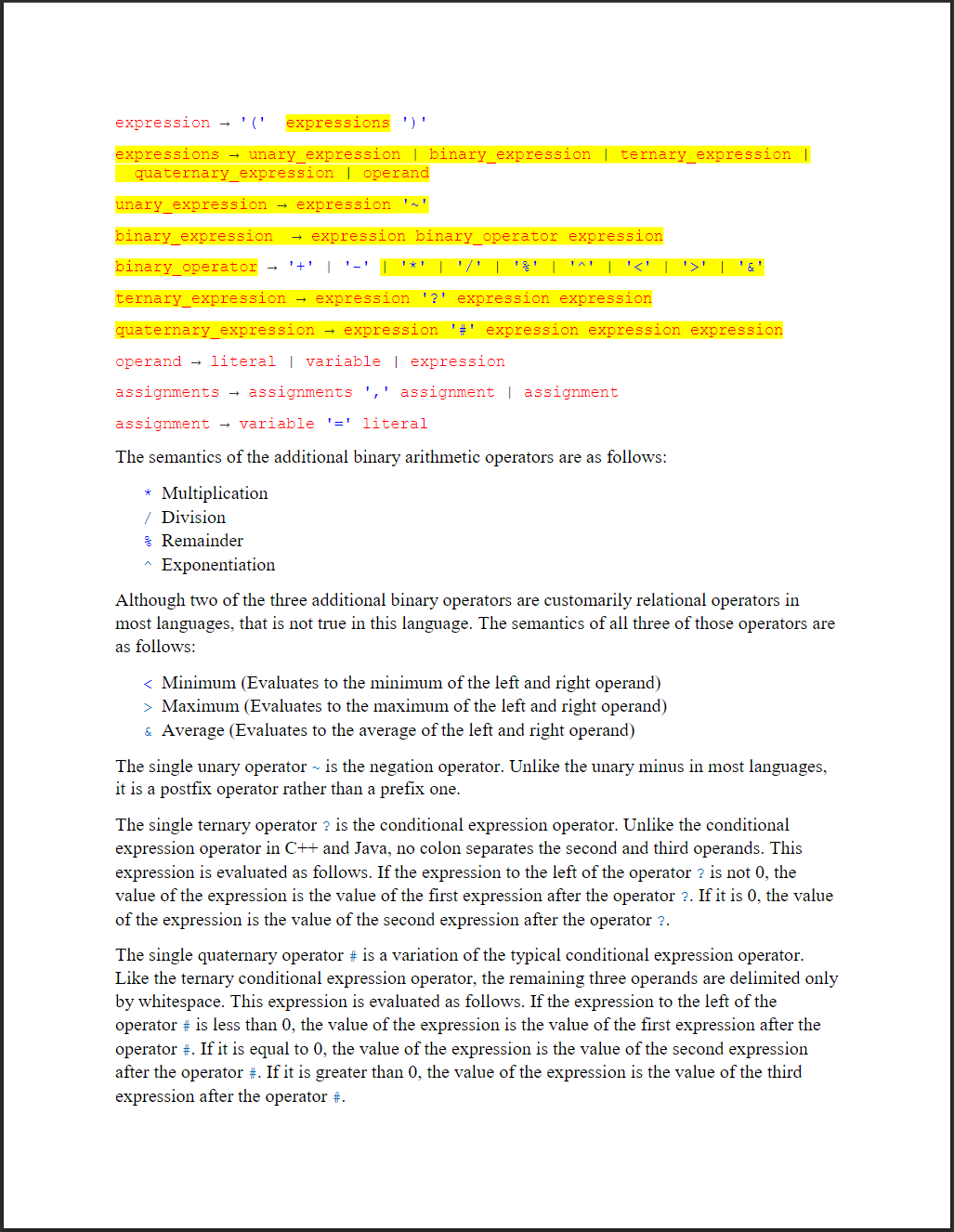 the C+ program that evaluates statements of an expression language contained in