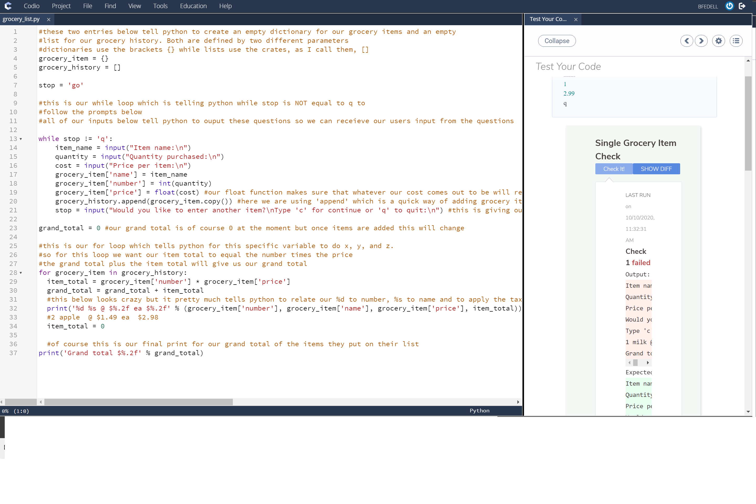 My grocery project script got kicked back as a failed script for