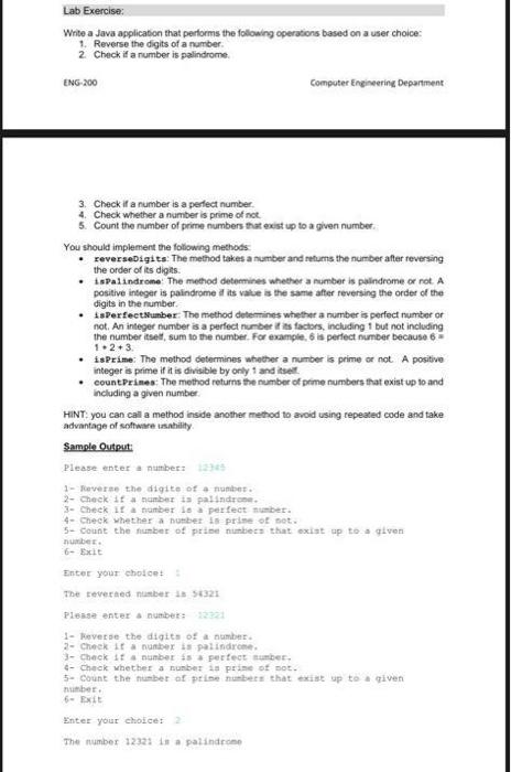  Lab Exercise: Write a Java application that performs the following operations