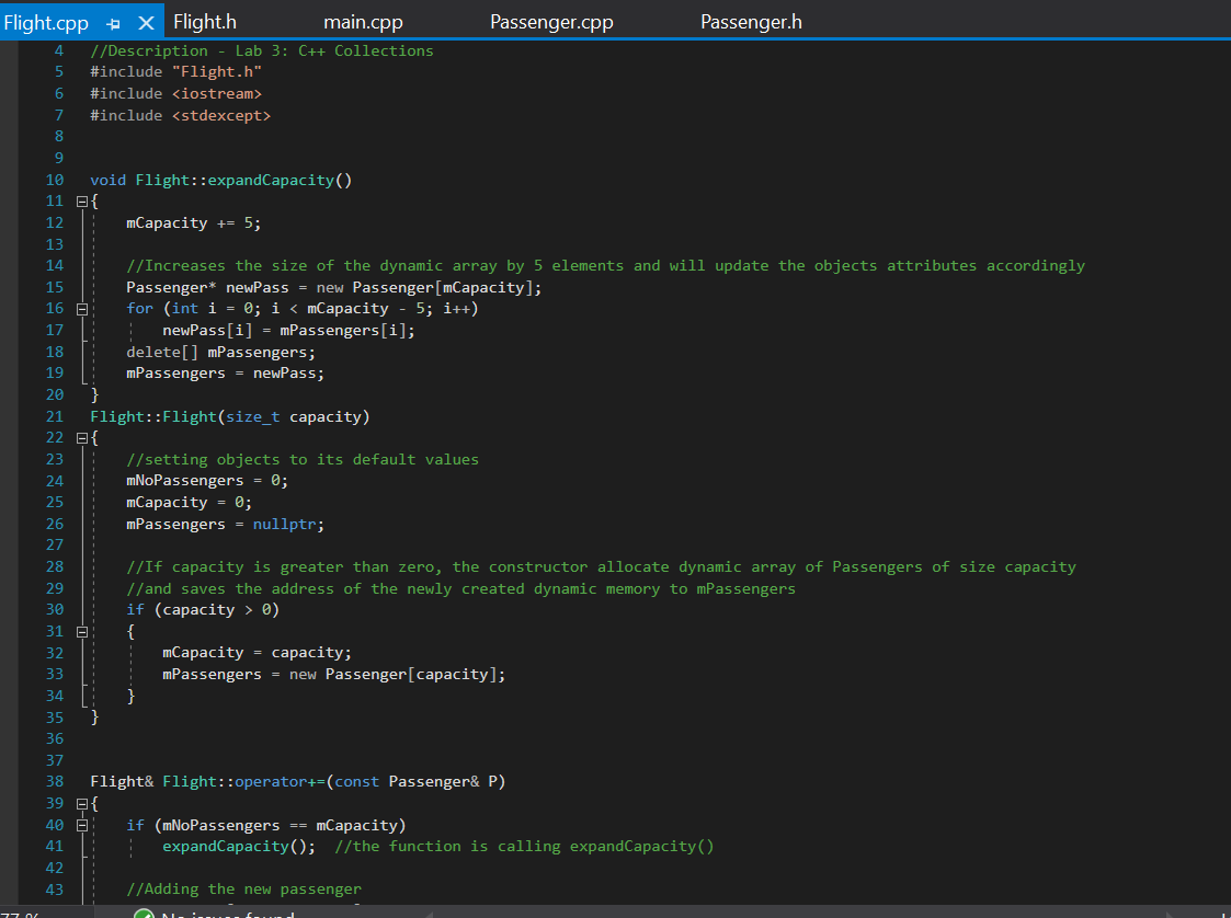  Flight.cpp + X Flight.h main.cpp Passenger.cpp Passenger.h //Description - Lab 3: