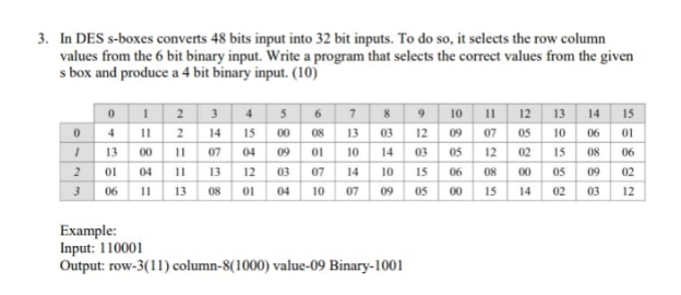 using c++ program- 3. In DES s-boxes converts 48 bits input into