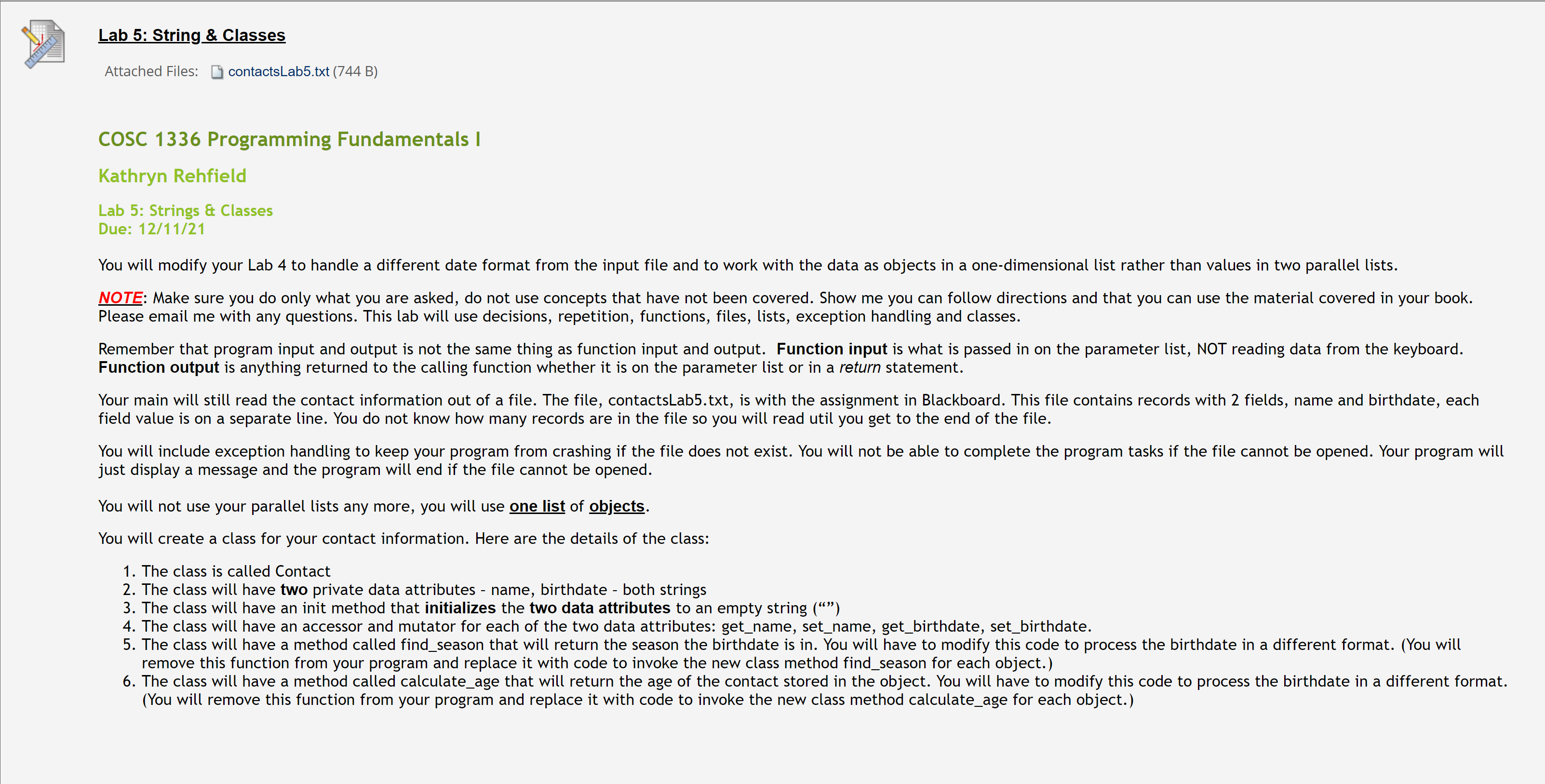  Lab 5: String & Classes Attached Files: D contactsLabS.txt (744 B)