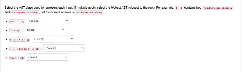 to represent each input. If multiple apply, select the highest AST (closest