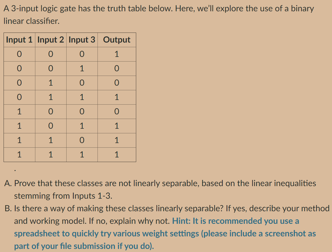 A 3-input logic gate has the truth table below. Here, we'll
