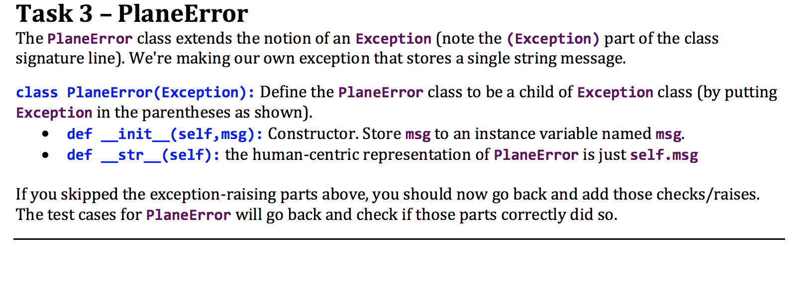 help in coding this function please Task 3 - PlaneError The PlaneError