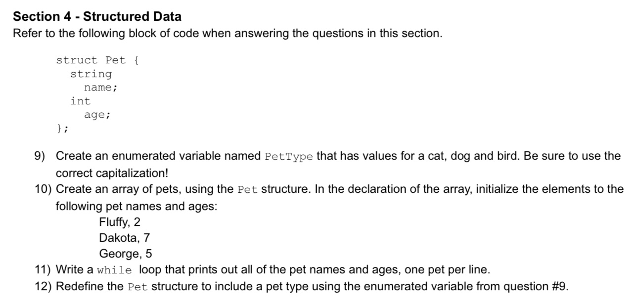  Section 4 - Structured Data Refer to the following block of