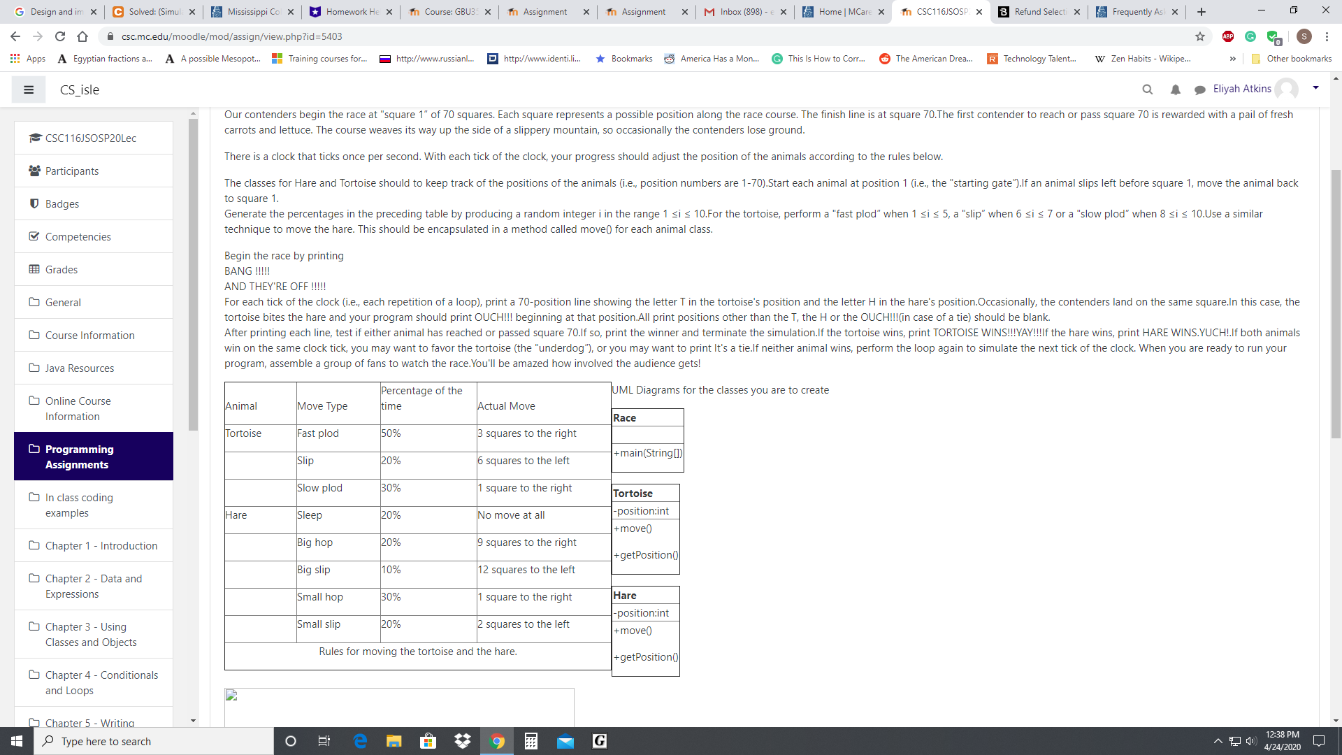 Hare (Simulation:The Tortoise and the Hare)In this program, you will re-create the