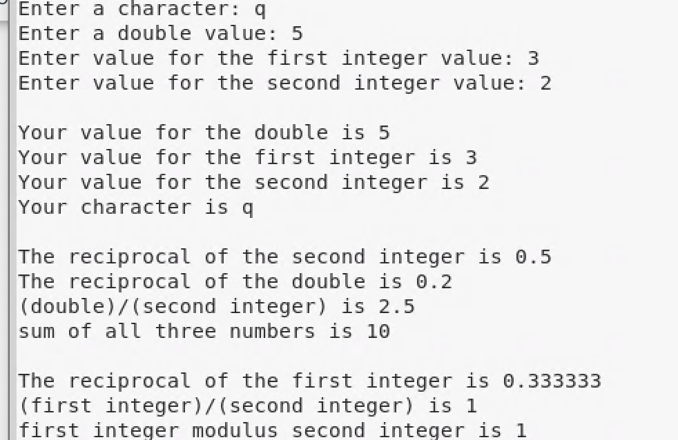 #include using namespace std; int main(){ double a;int b, c;char character return(0);}