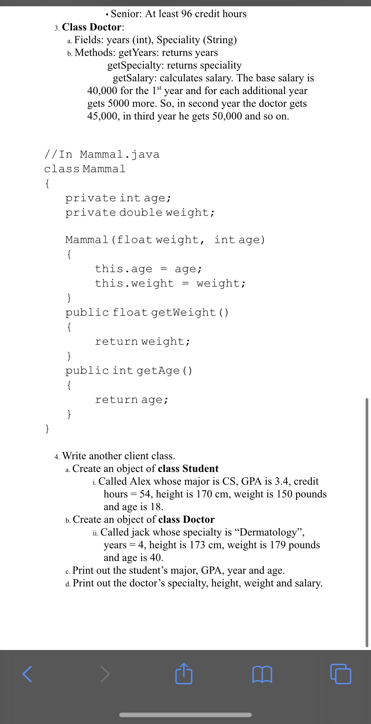 The class diagram with four classes Mammal, Human, Student and Doctor is