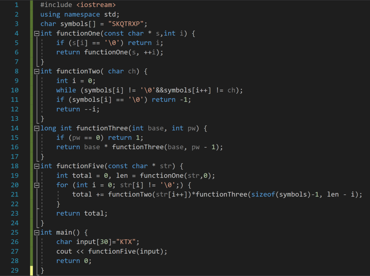  #include using namespace std; 3 char symbols [ ] = "SKQTRXP";