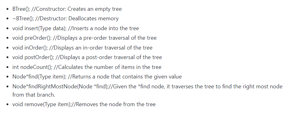 I need help implementing the following . BTree(); //Constructor: Creates an empty