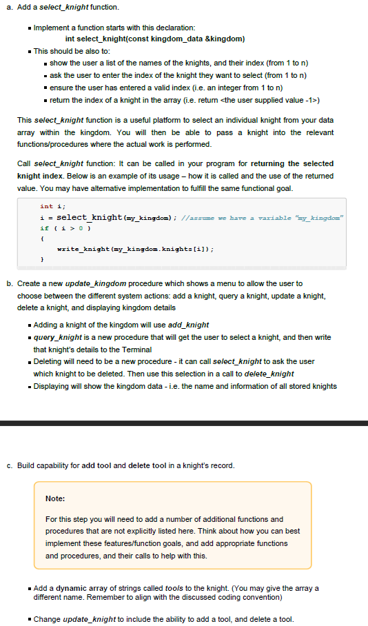  a. Add a select_knight function. . Implement a function starts with