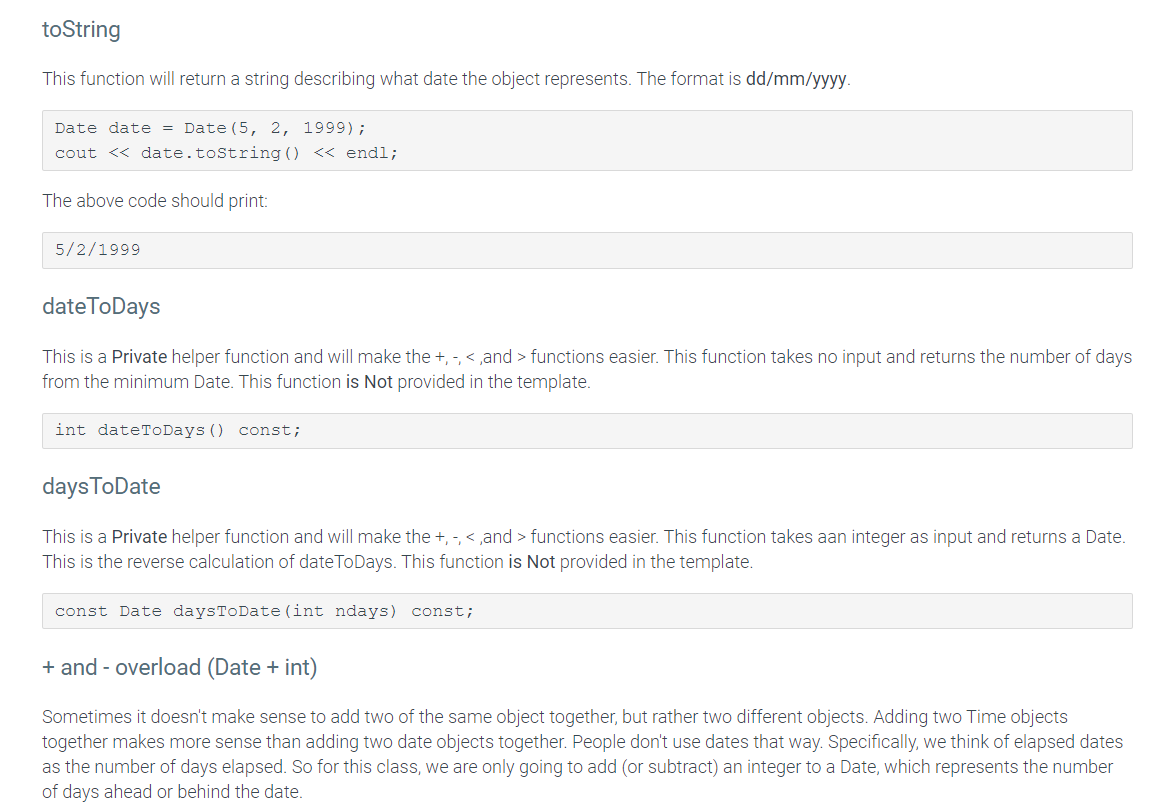 along with the functions and overloaded operators as described. Commented sections within