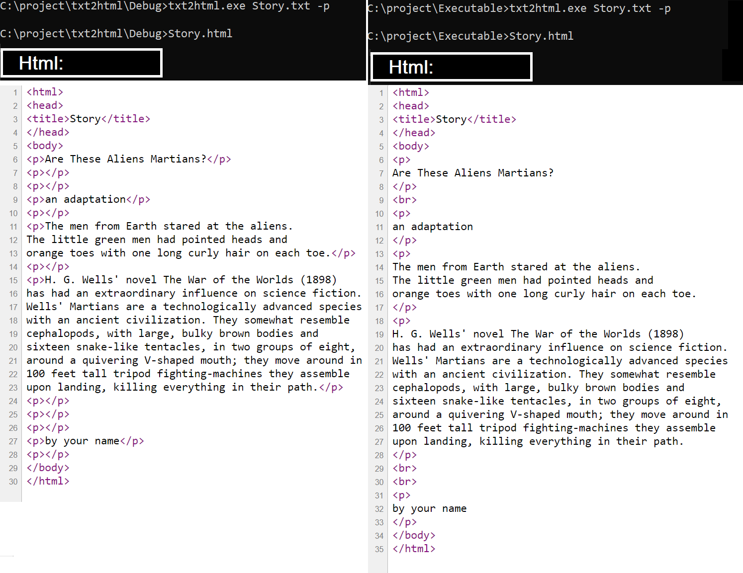 Story . txt C: \\project\\Executable>txt2html. exe Story. txt C: \\project \\txt2html\\Debug>Story .