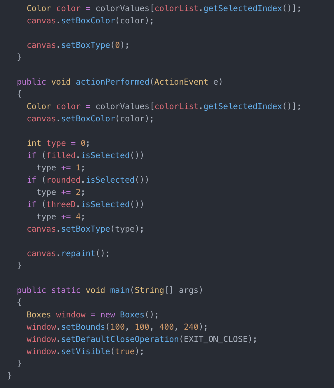 colors. The user chooses the color of the box from a "combo