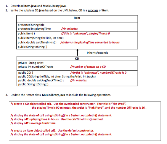  1. Download Item.java and MusicLibrary.java . 2. Write the subclass CD.java