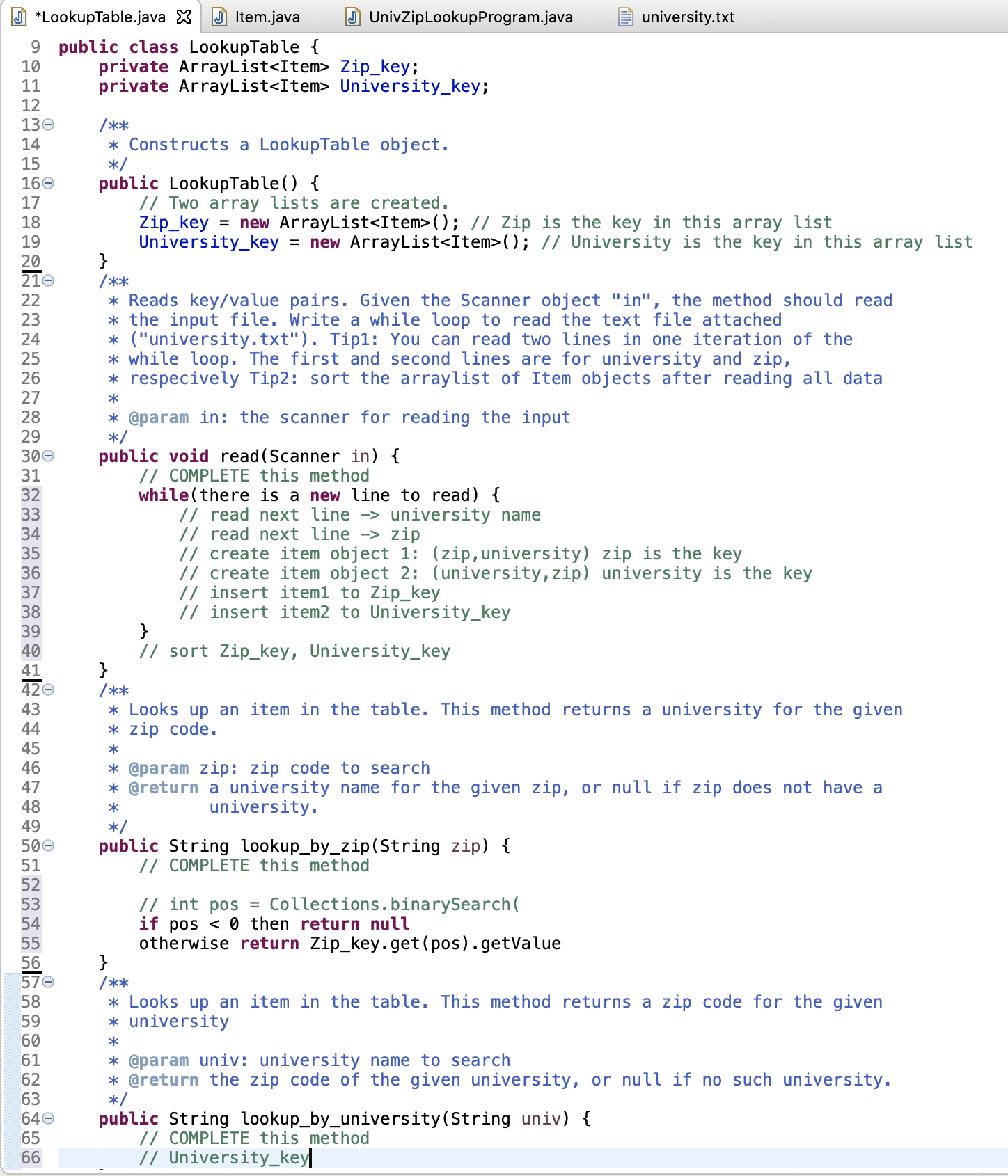 How would I solve this lookup program for university and zip code.