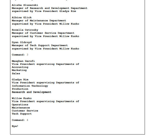 all vice presidents 4. Exit program Command: 0 Invalid command! COMMAND MENU