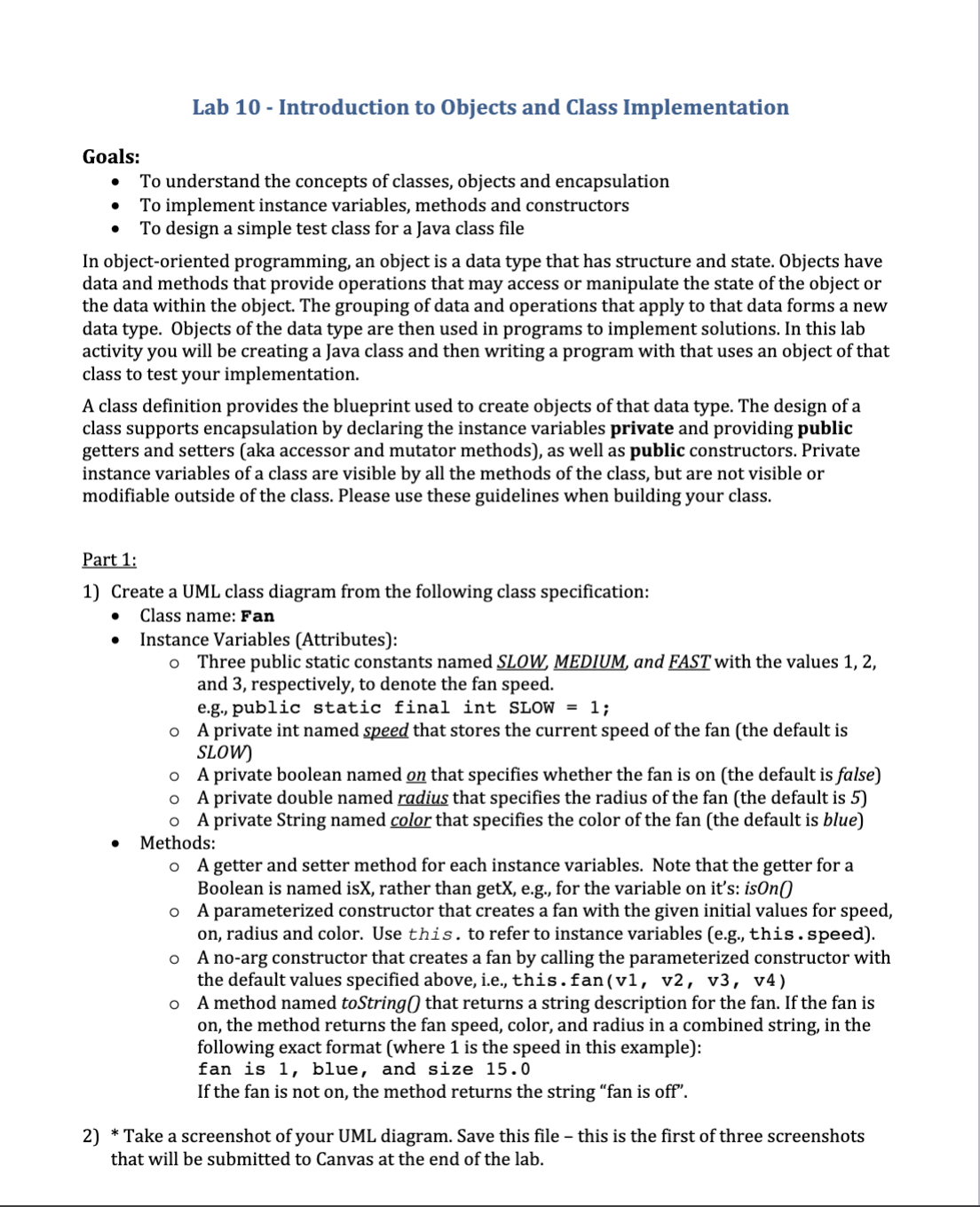  Lab 10 - Introduction to Objects and Class Implementation Goals: 0