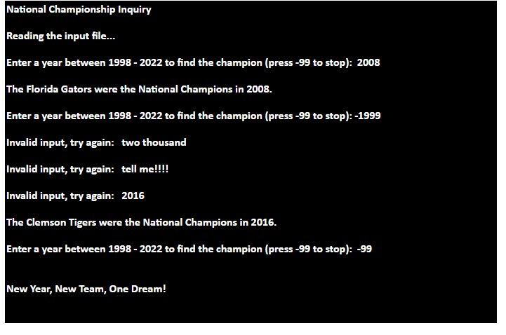 National Champion of NCAA College Football for the year the user enters.