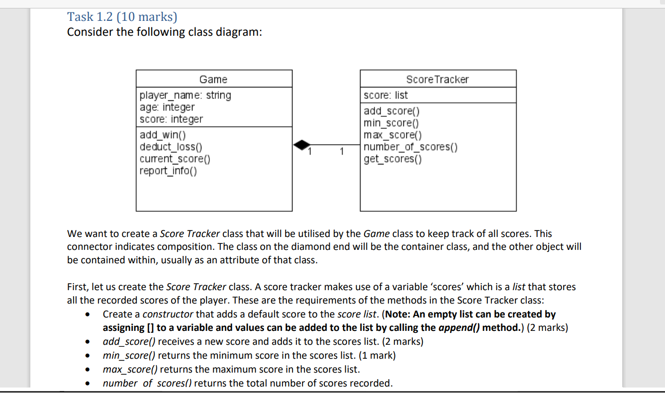 Please complete this ASAP. Task 1.2 [10 marks] Consider the following class