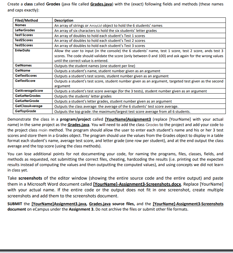  Create a class called Grades (java file called Grades.java) with the