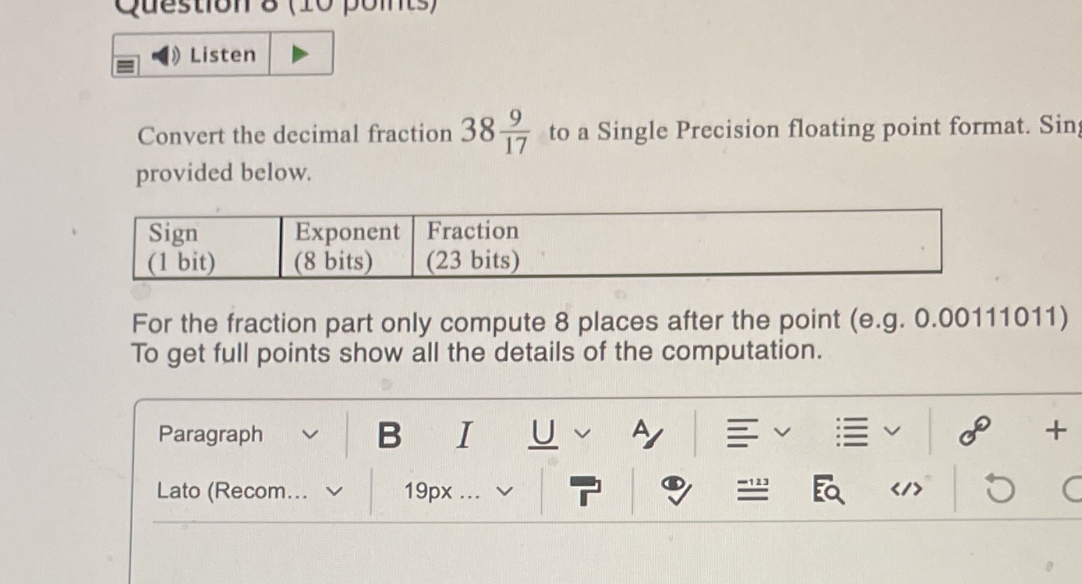  Question . (10 points) () Listen Convert the decimal fraction 38