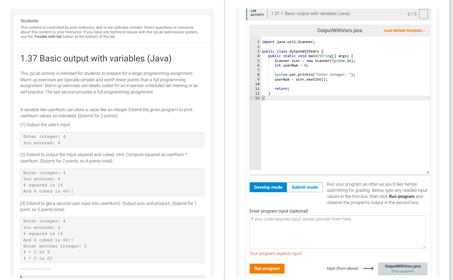  LAB ACTIVITY 1.37.1: Basic output with variables (Java) 0/5 Students: This