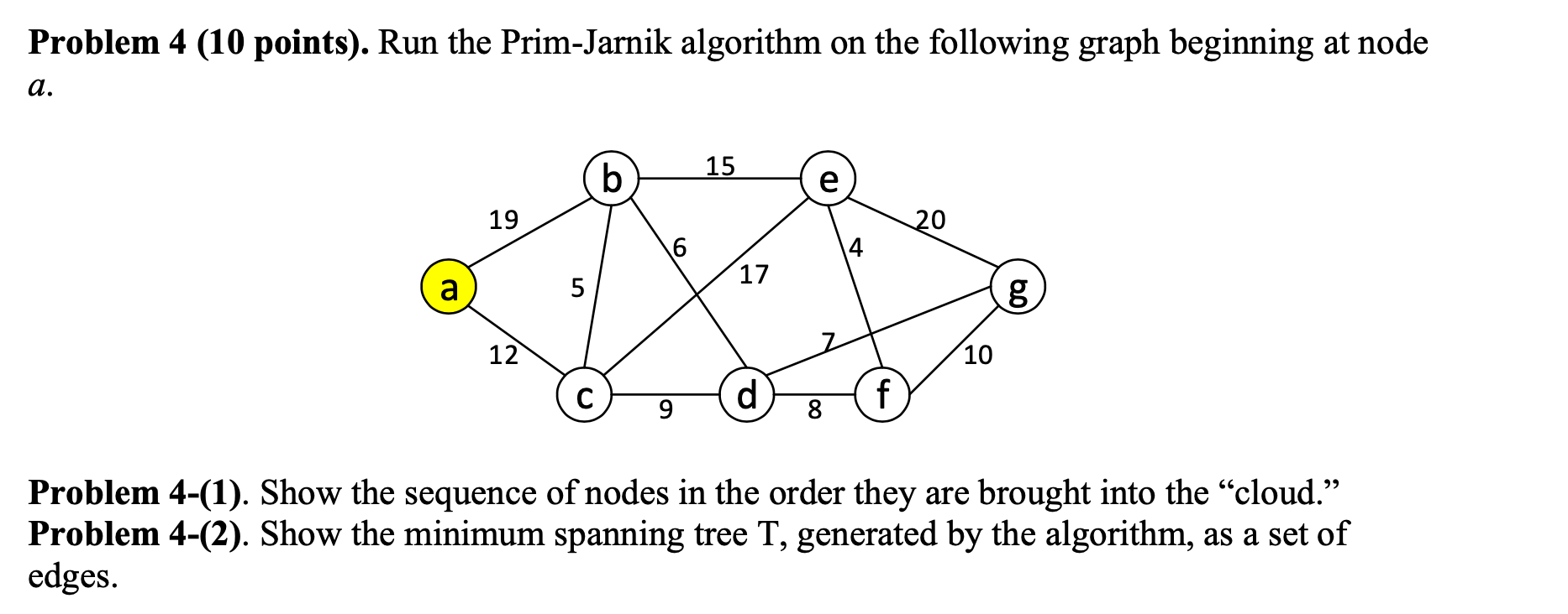 Please help: Problem 4 (10 points). Run the Prim-Jamik algorithm on the