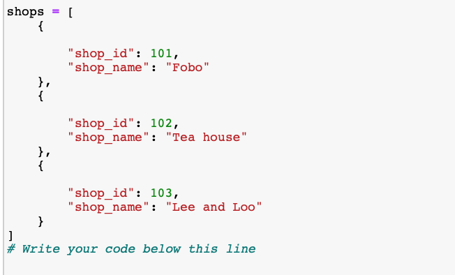 Hi, I need help with this question please. Given the list ofshopdefined