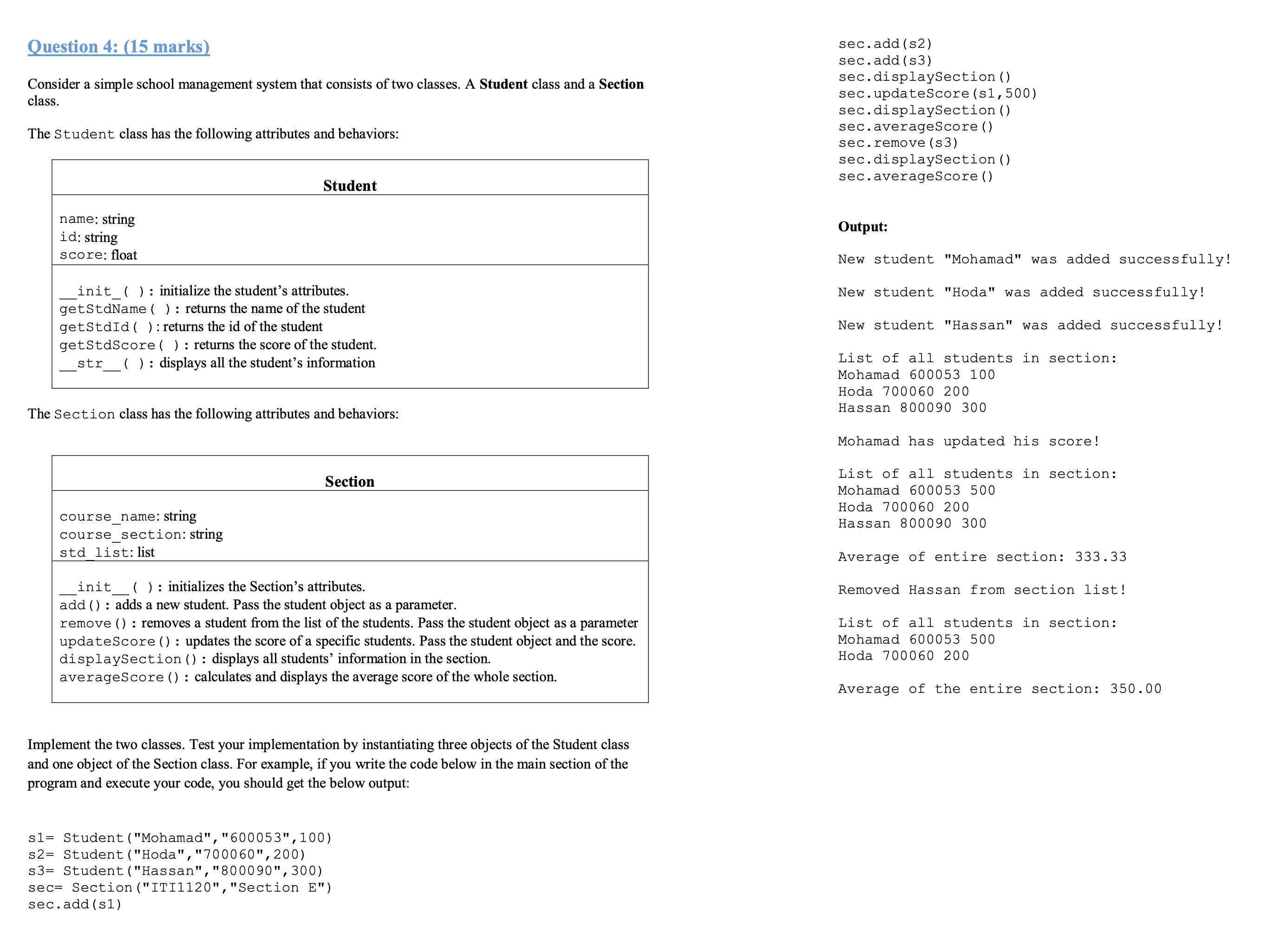 computer Python question. please help. Question 4: (15 marks) sec. add (