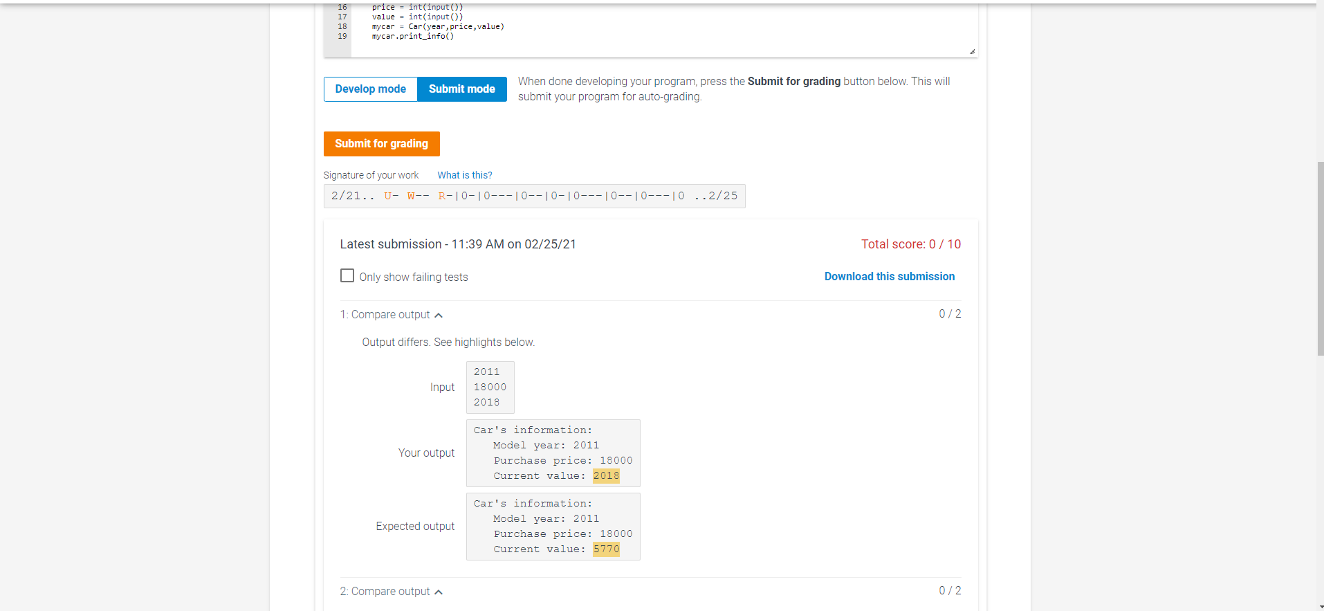 Car value (classes) Complete the Car class by creating an attribute purchase_price
