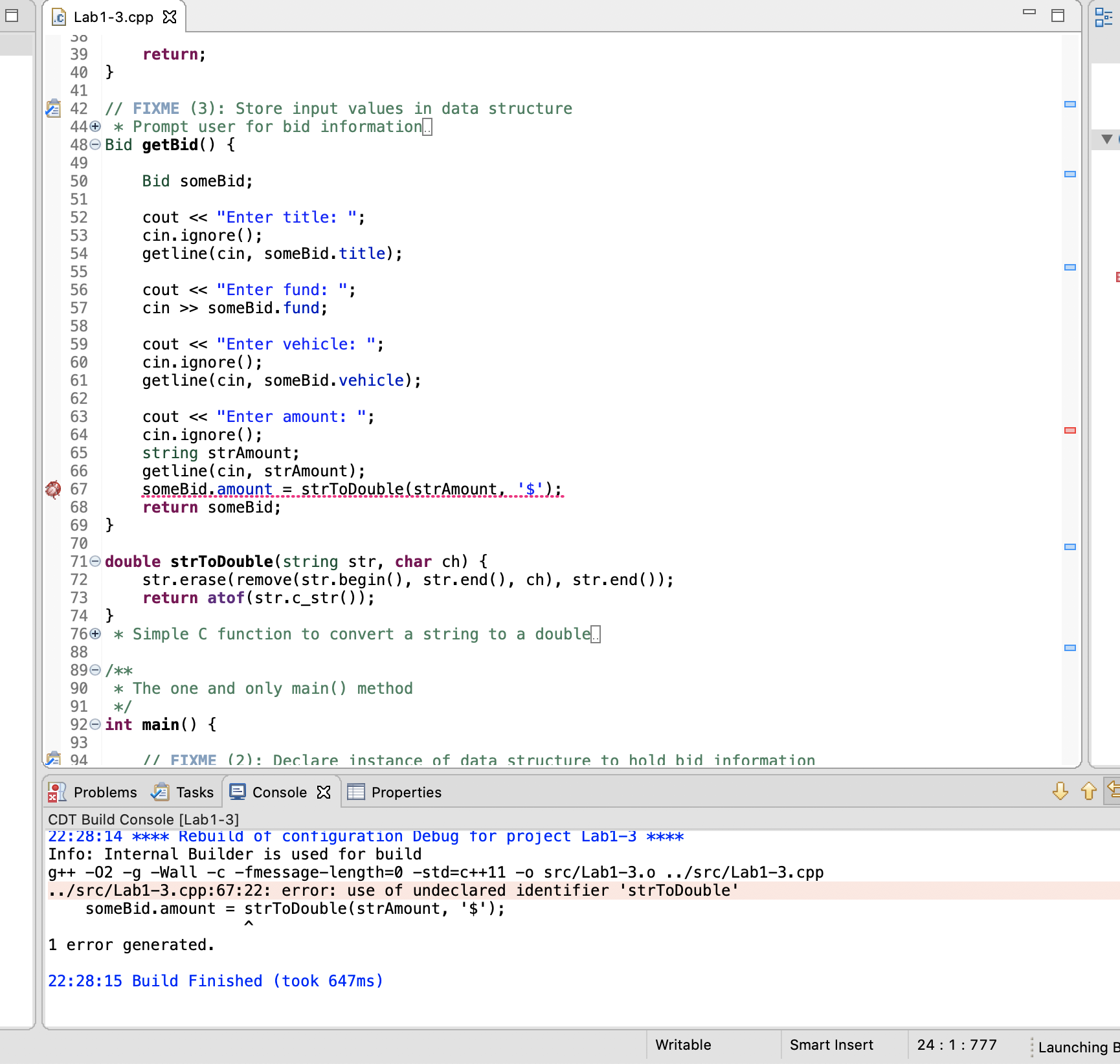 .C Lab 1-3.cpp X - 8 39 return; 40 41 42