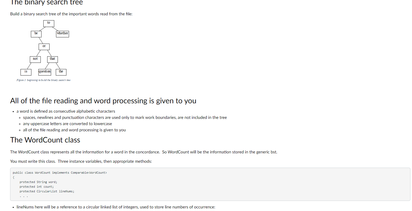 binary search tree, circular linked list and hashing. Create a concordance from