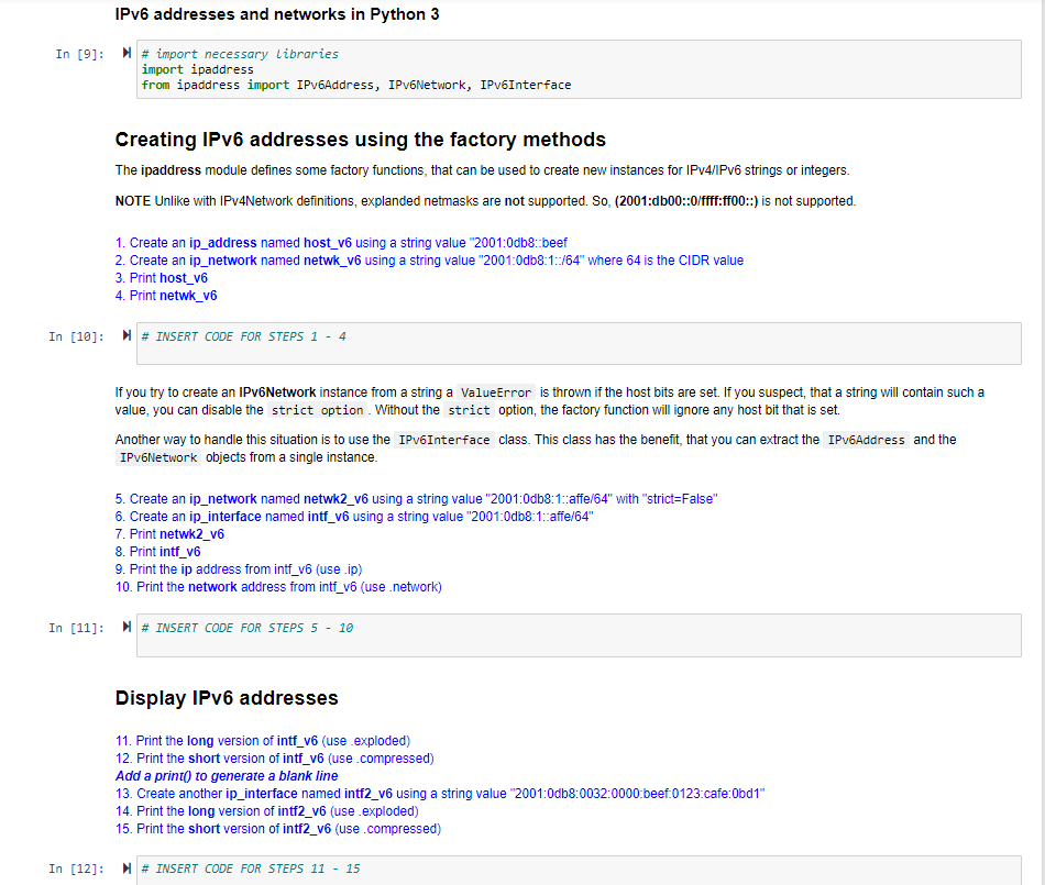 Introduction to Pythons "ipaddress" module using jupyter notebook. need help with steps